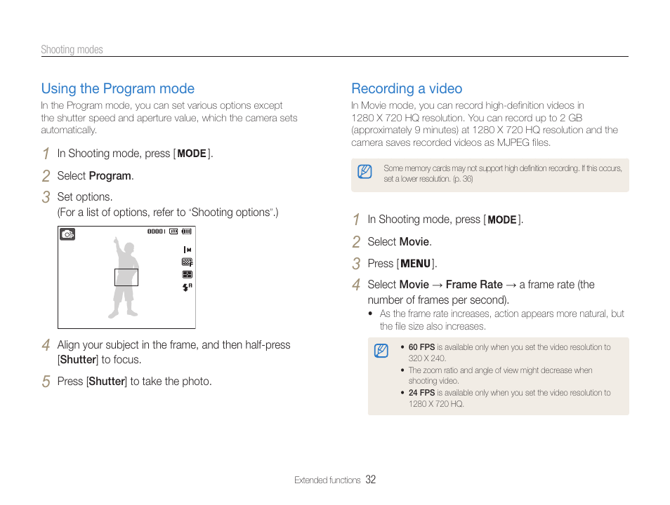 Using the program mode, Recording a video | Samsung EC-ST65ZZBPUUS User Manual | Page 33 / 108