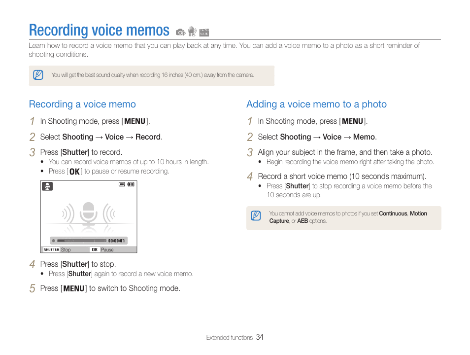 Recording voice memos, Recording a voice memo, Adding a voice memo to a photo | Samsung EC-ST65ZZBPUUS User Manual | Page 35 / 108