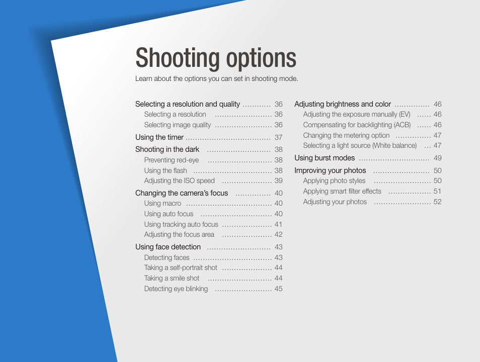 Shooting options | Samsung EC-ST65ZZBPUUS User Manual | Page 36 / 108