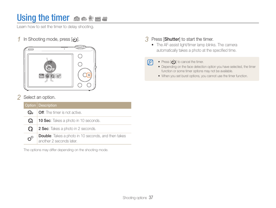 Using the timer | Samsung EC-ST65ZZBPUUS User Manual | Page 38 / 108