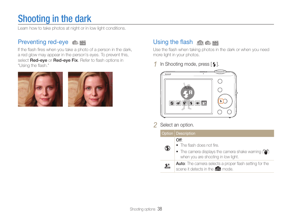 Shooting in the dark, Preventing red-eye, Using the flash | Samsung EC-ST65ZZBPUUS User Manual | Page 39 / 108
