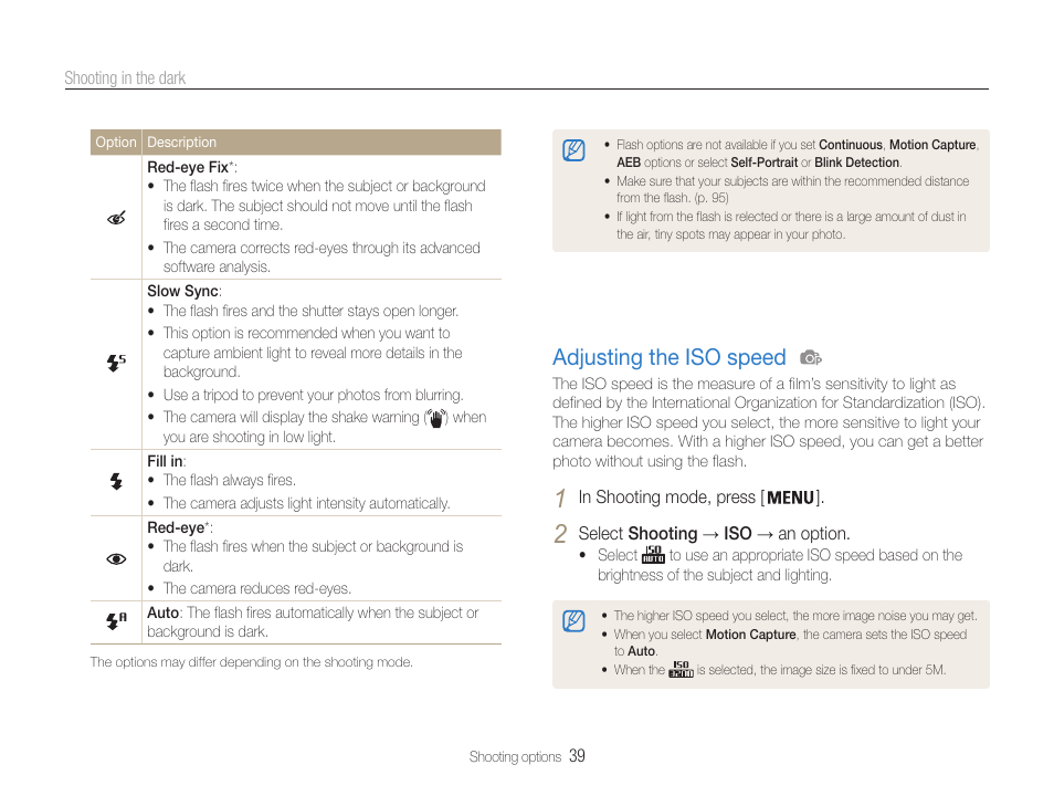Adjusting the iso speed, Adjusting the iso speed ………………… 39 | Samsung EC-ST65ZZBPUUS User Manual | Page 40 / 108
