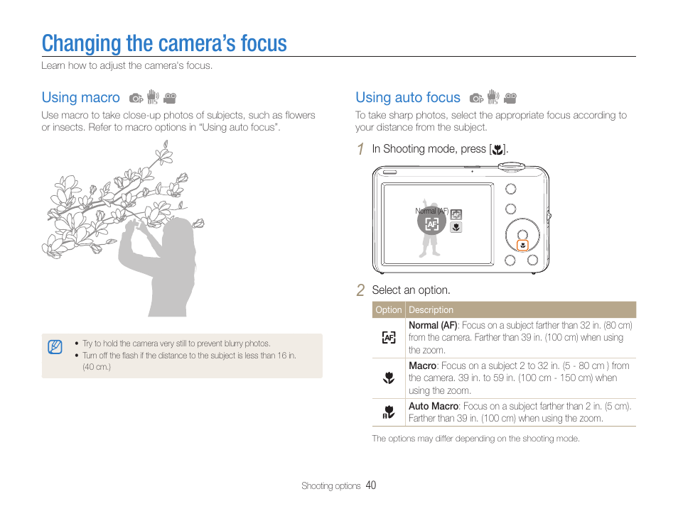 Changing the camera’s focus, Using macro, Using auto focus | Samsung EC-ST65ZZBPUUS User Manual | Page 41 / 108