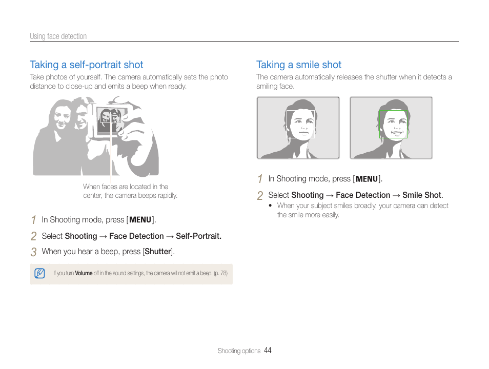 Taking a self-portrait shot, Taking a smile shot | Samsung EC-ST65ZZBPUUS User Manual | Page 45 / 108