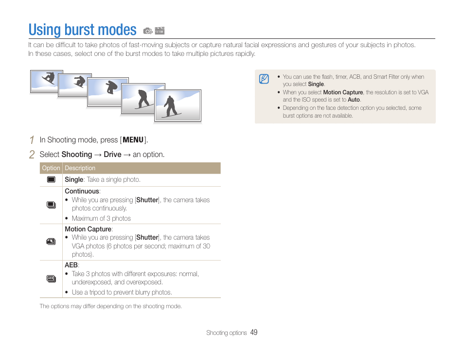 Using burst modes | Samsung EC-ST65ZZBPUUS User Manual | Page 50 / 108