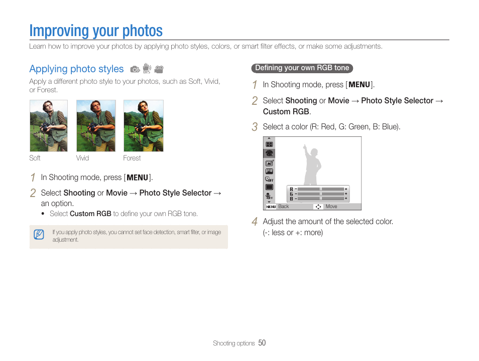 Improving your photos, Applying photo styles, Applying photo styles …………………… 50 | Samsung EC-ST65ZZBPUUS User Manual | Page 51 / 108