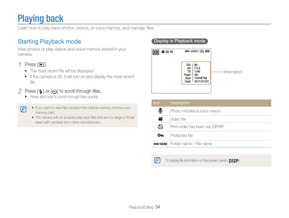 Playing back, Starting playback mode, Starting playback mode ………………… 54 | Samsung EC-ST65ZZBPUUS User Manual | Page 55 / 108
