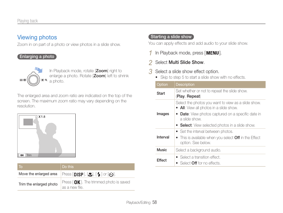 Viewing photos, Viewing photos …………………………… 58 | Samsung EC-ST65ZZBPUUS User Manual | Page 59 / 108