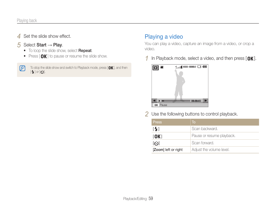 Playing a video, Playing a video …………………………… 59 | Samsung EC-ST65ZZBPUUS User Manual | Page 60 / 108