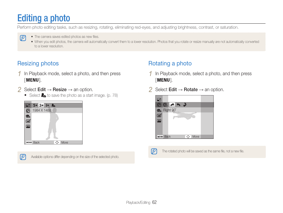 Editing a photo, Resizing photos, Rotating a photo | Samsung EC-ST65ZZBPUUS User Manual | Page 63 / 108