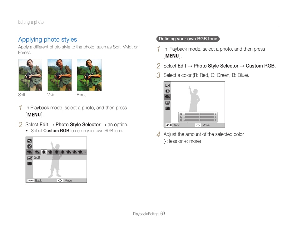 Applying photo styles, Applying photo styles …………………… 63 | Samsung EC-ST65ZZBPUUS User Manual | Page 64 / 108