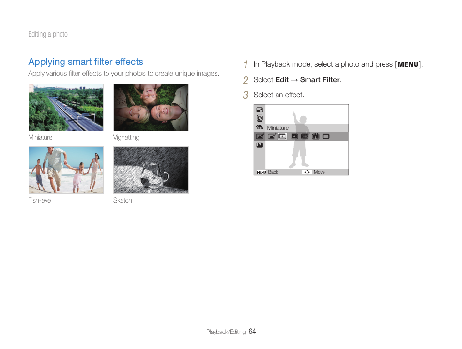 Applying smart filter effects, Applying smart filter effects ……………… 64 | Samsung EC-ST65ZZBPUUS User Manual | Page 65 / 108