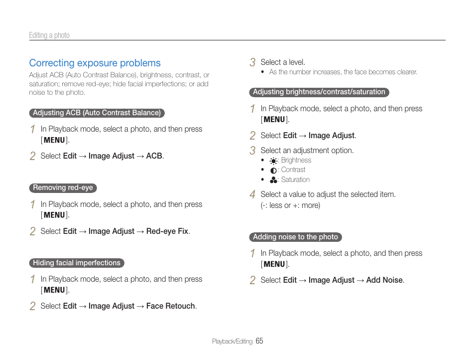 Correcting exposure problems, Correcting exposure problems …………… 65 | Samsung EC-ST65ZZBPUUS User Manual | Page 66 / 108