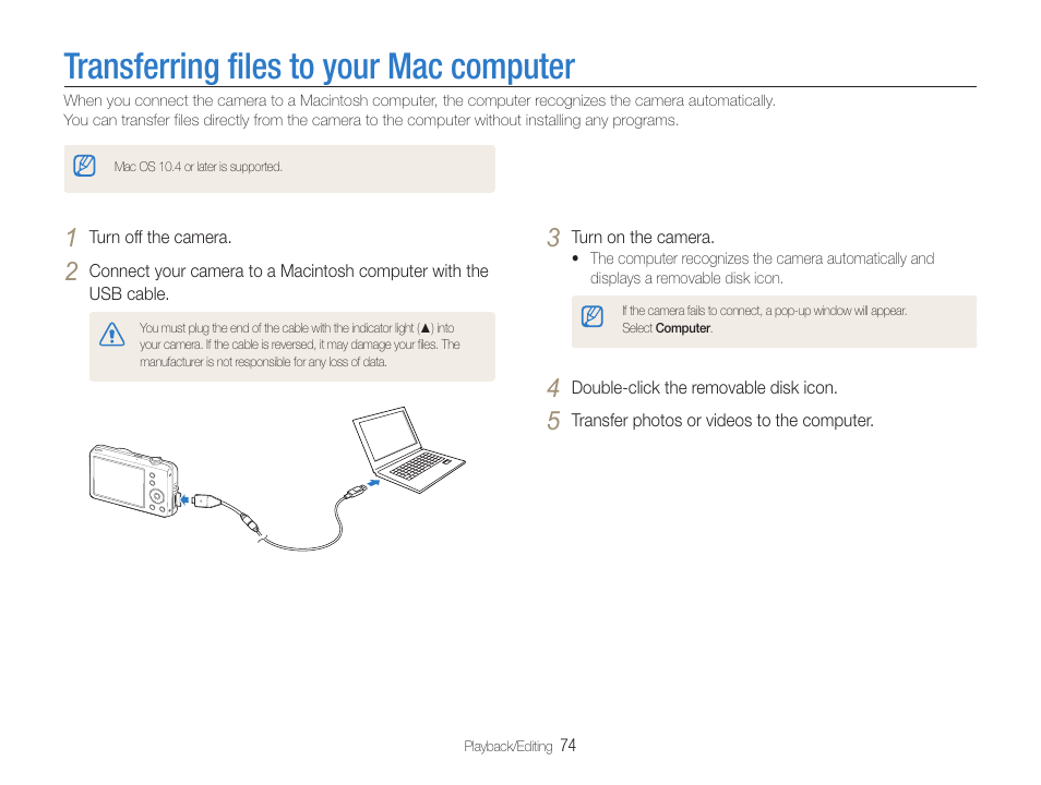 Transferring files to your mac computer | Samsung EC-ST65ZZBPUUS User Manual | Page 75 / 108