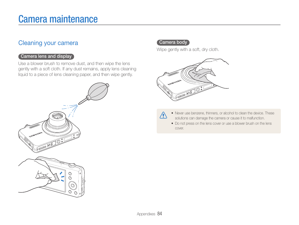 Camera maintenance, Cleaning your camera, Cleaning your camera ……………………………… 84 | Samsung EC-ST65ZZBPUUS User Manual | Page 85 / 108