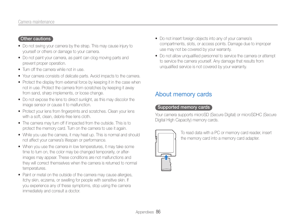 About memory cards, About memory cards ……………………………… 86 | Samsung EC-ST65ZZBPUUS User Manual | Page 87 / 108
