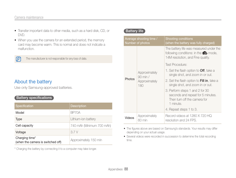 About the battery, About the battery …………………………………… 88 | Samsung EC-ST65ZZBPUUS User Manual | Page 89 / 108