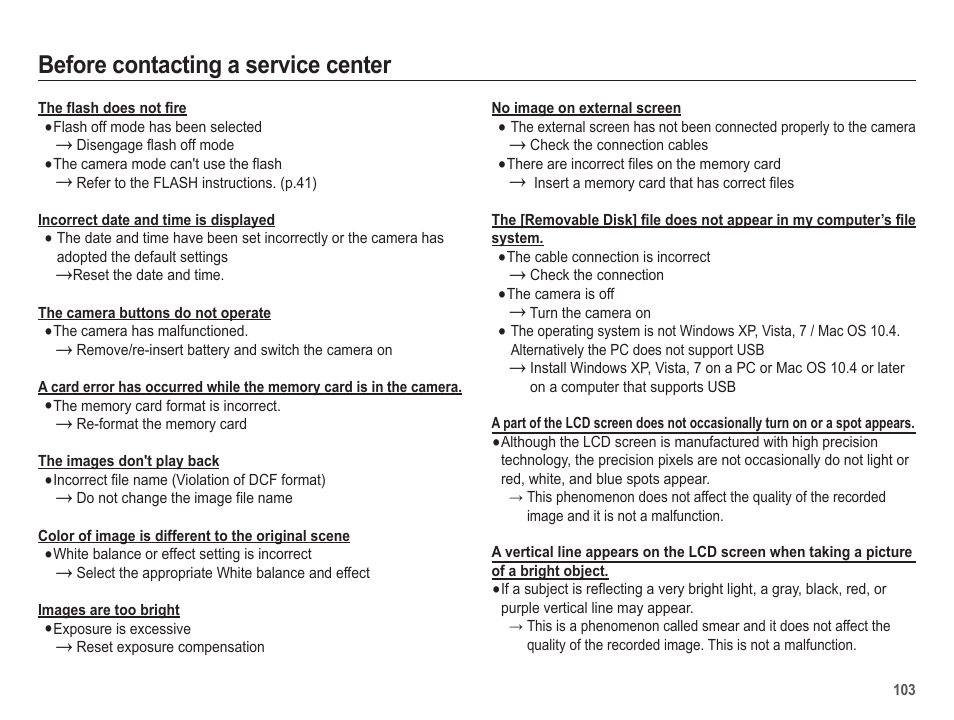 Before contacting a service center | Samsung EC-HZ50WZBPBUS User Manual | Page 104 / 120