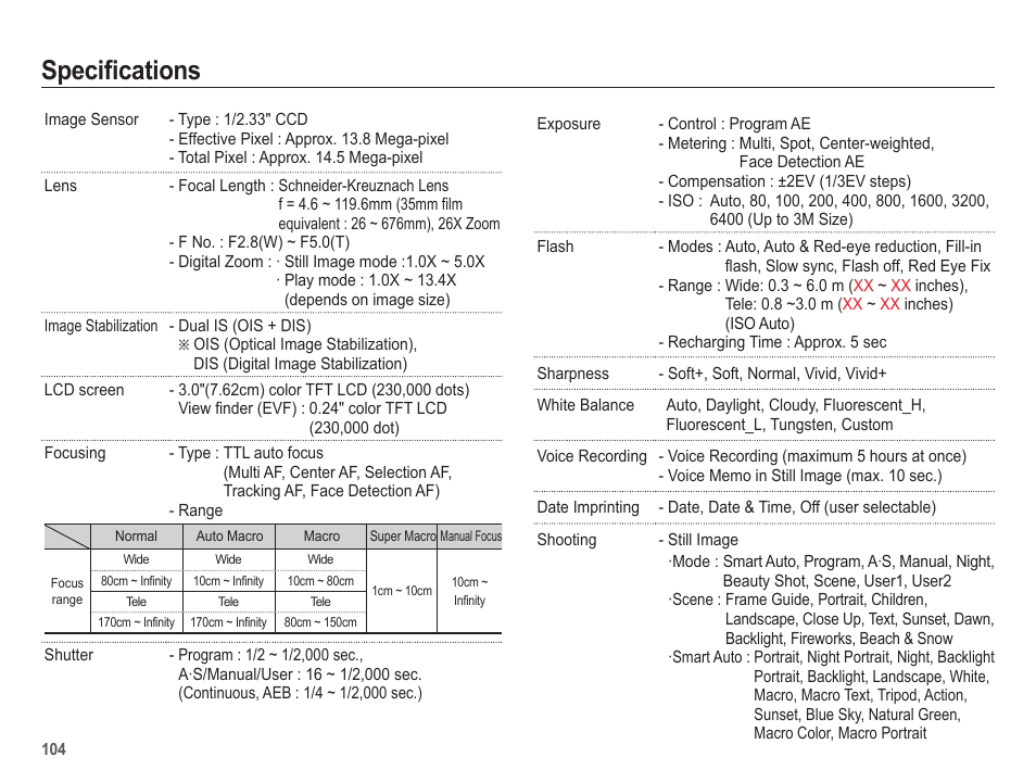 Specifi cations | Samsung EC-HZ50WZBPBUS User Manual | Page 105 / 120