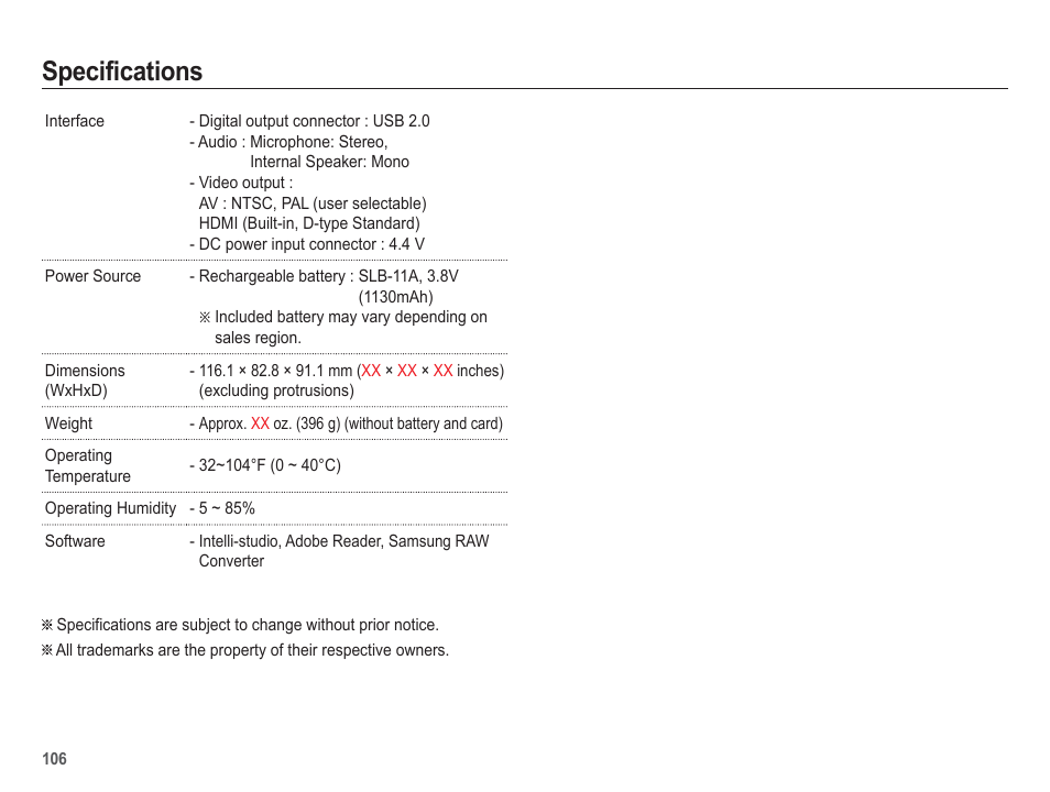 Specifications | Samsung EC-HZ50WZBPBUS User Manual | Page 107 / 120