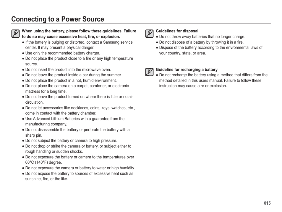 Connecting to a power source | Samsung EC-HZ50WZBPBUS User Manual | Page 16 / 120