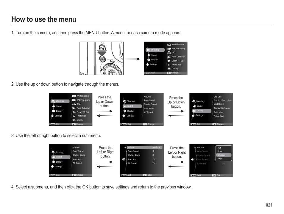 How to use the menu | Samsung EC-HZ50WZBPBUS User Manual | Page 22 / 120