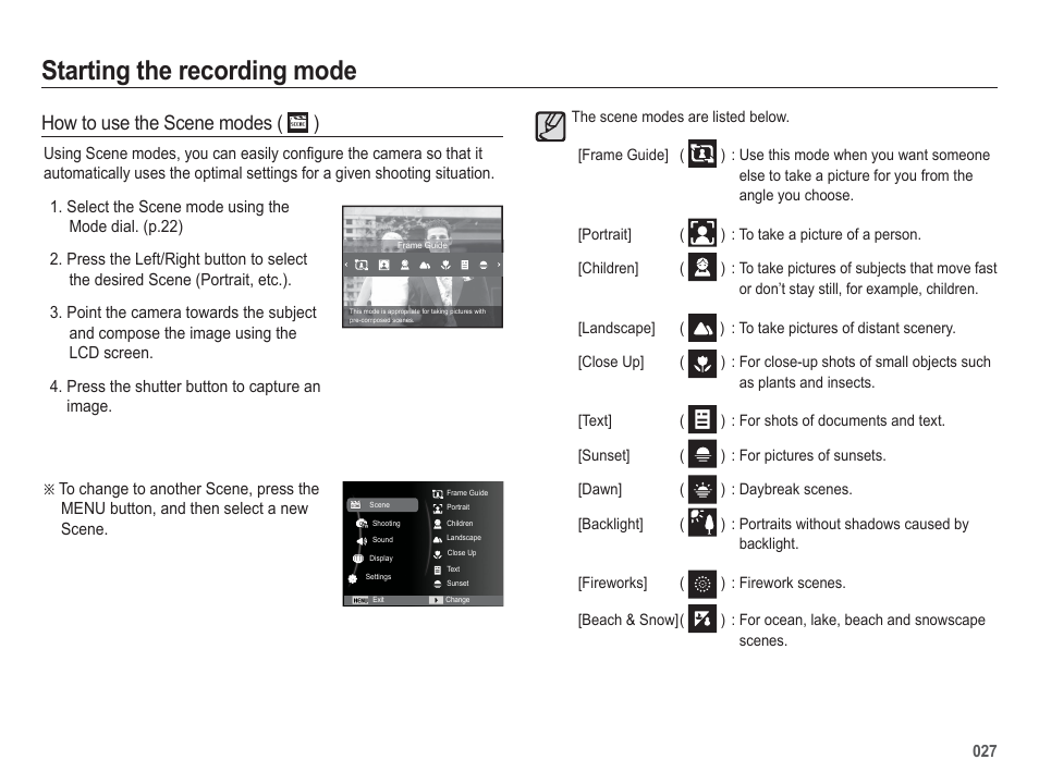 Starting the recording mode, How to use the scene modes ( ) | Samsung EC-HZ50WZBPBUS User Manual | Page 28 / 120