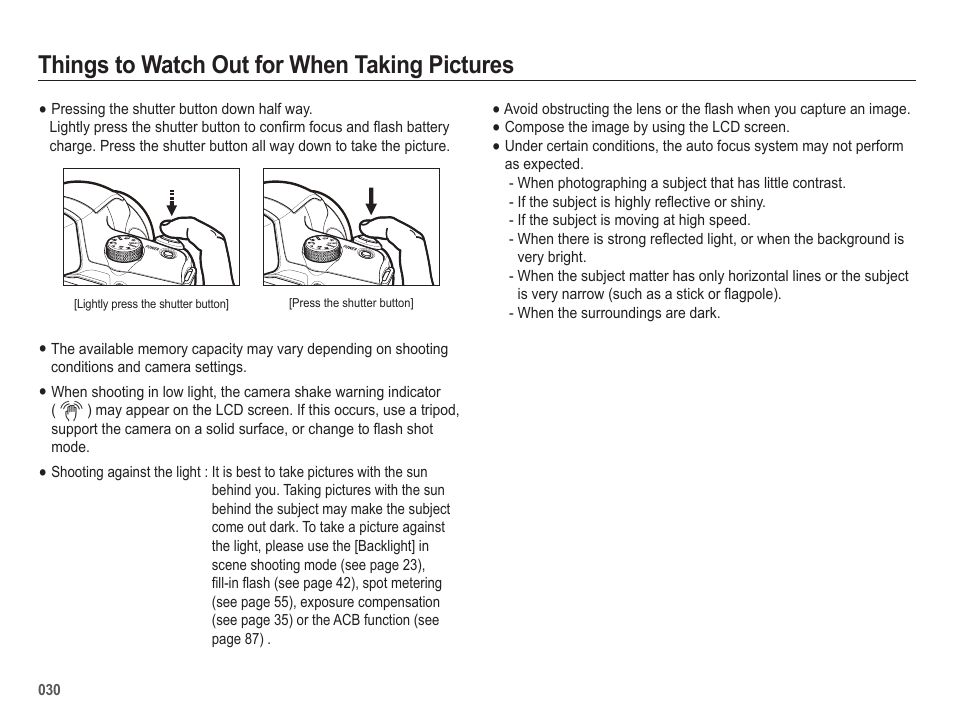 Things to watch out for when taking pictures | Samsung EC-HZ50WZBPBUS User Manual | Page 31 / 120