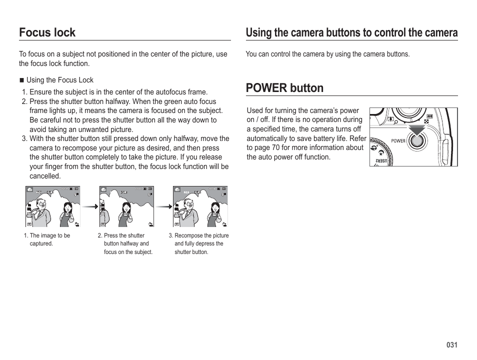Using the camera buttons to control the camera, Power button focus lock | Samsung EC-HZ50WZBPBUS User Manual | Page 32 / 120