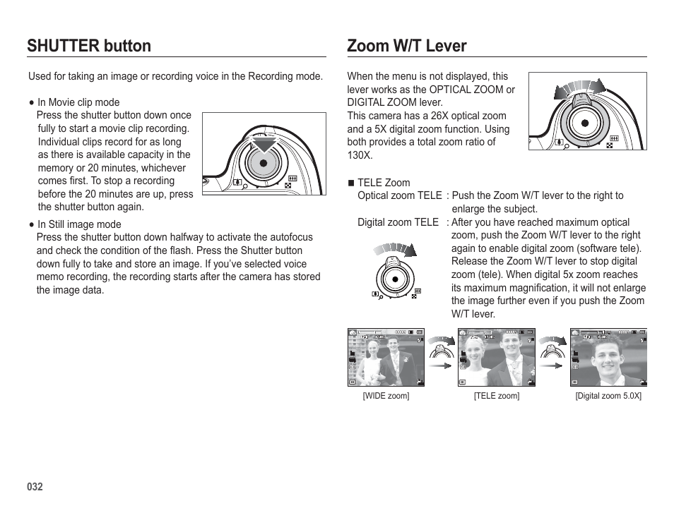 Zoom w/t lever, Shutter button | Samsung EC-HZ50WZBPBUS User Manual | Page 33 / 120