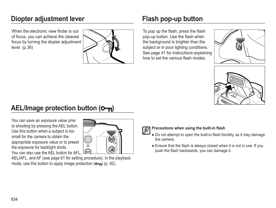 Diopter adjustment lever flash pop-up button, Ael/image protection button ( ) | Samsung EC-HZ50WZBPBUS User Manual | Page 35 / 120
