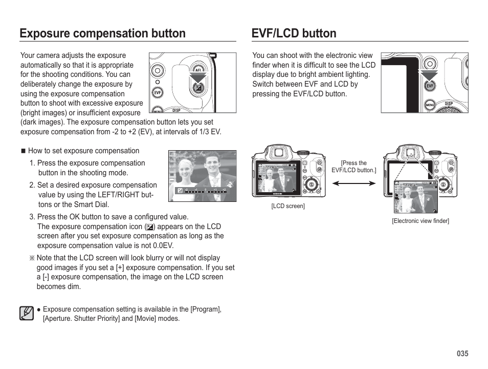 Exposure compensation button, Evf/lcd button | Samsung EC-HZ50WZBPBUS User Manual | Page 36 / 120