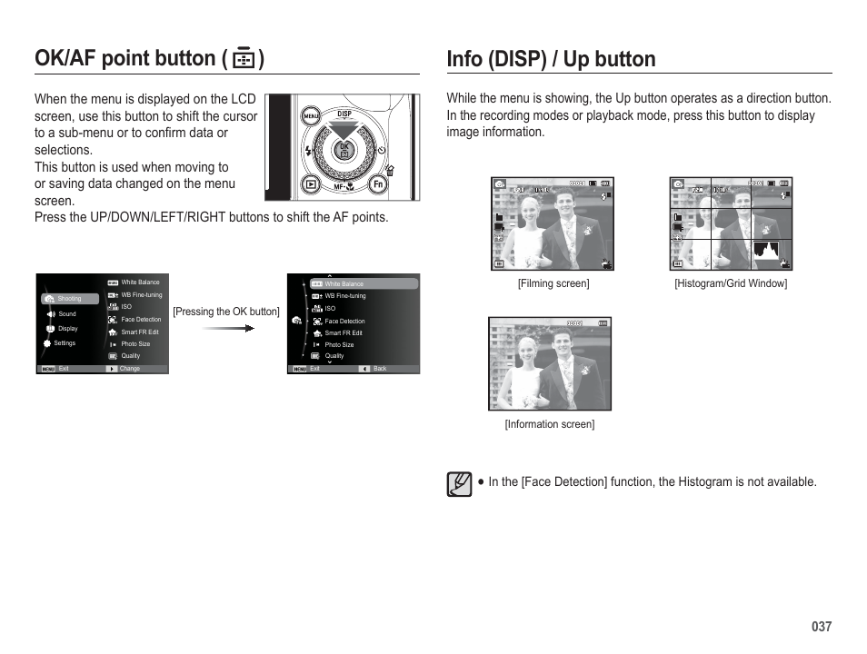 Info (disp) / up button, Ok/af point button ( ) | Samsung EC-HZ50WZBPBUS User Manual | Page 38 / 120