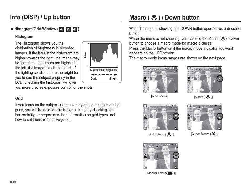 Macro ( ) / down button, Info (disp) / up button | Samsung EC-HZ50WZBPBUS User Manual | Page 39 / 120