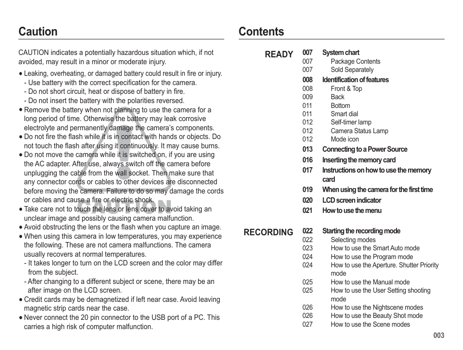 Caution contents | Samsung EC-HZ50WZBPBUS User Manual | Page 4 / 120