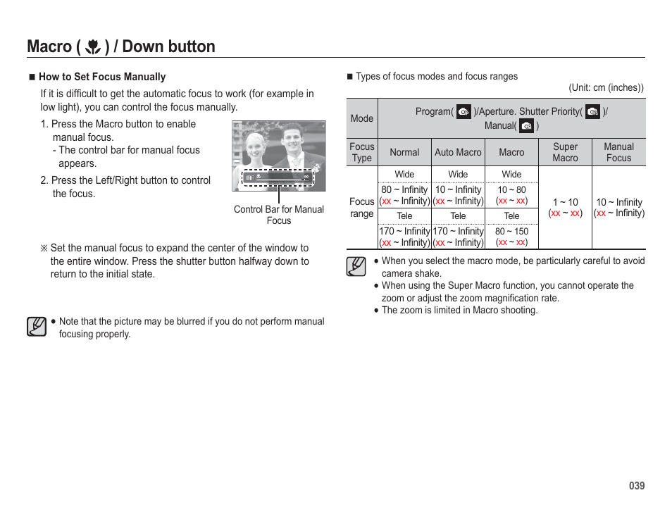 Macro ( ) / down button | Samsung EC-HZ50WZBPBUS User Manual | Page 40 / 120