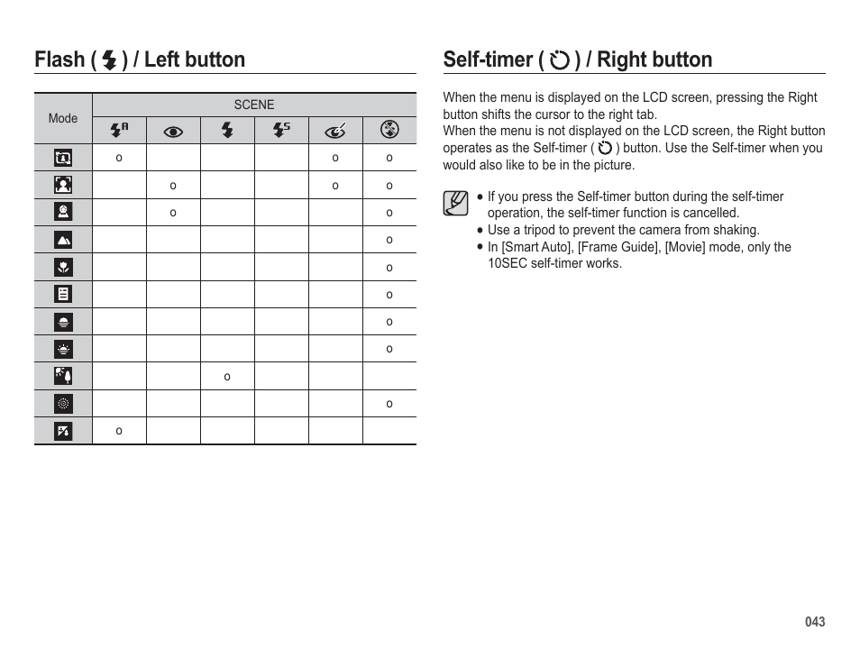 Self-timer ( ) / right button, Flash ( ) / left button | Samsung EC-HZ50WZBPBUS User Manual | Page 44 / 120