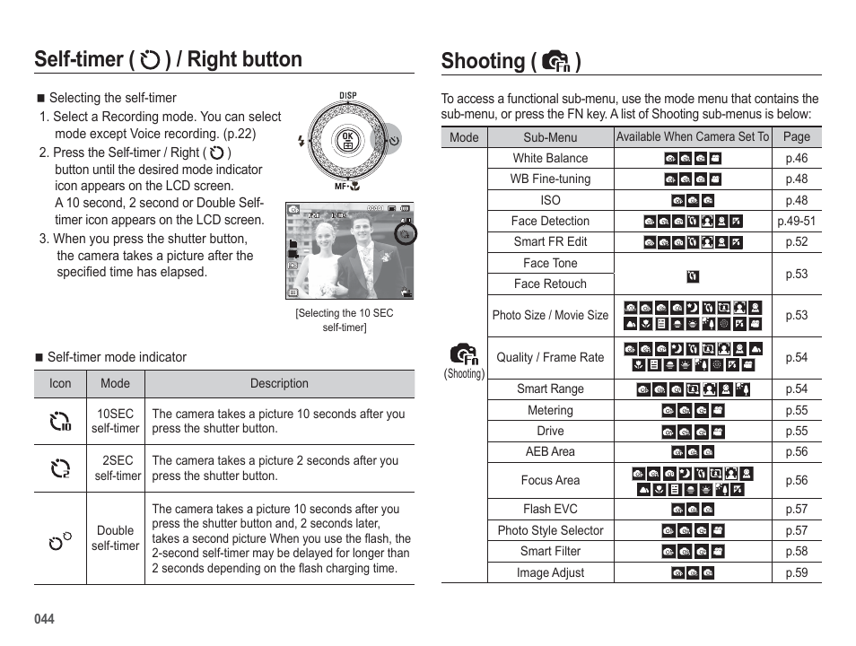 Shooting ( ), Self-timer ( ) / right button | Samsung EC-HZ50WZBPBUS User Manual | Page 45 / 120
