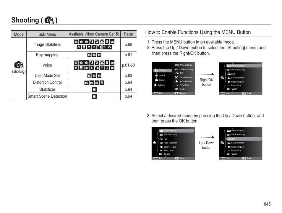 Shooting ( ), How to enable functions using the menu button | Samsung EC-HZ50WZBPBUS User Manual | Page 46 / 120