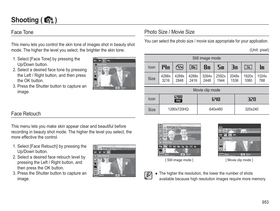 Shooting ( ), Face tone, Face retouch | Photo size / movie size | Samsung EC-HZ50WZBPBUS User Manual | Page 54 / 120