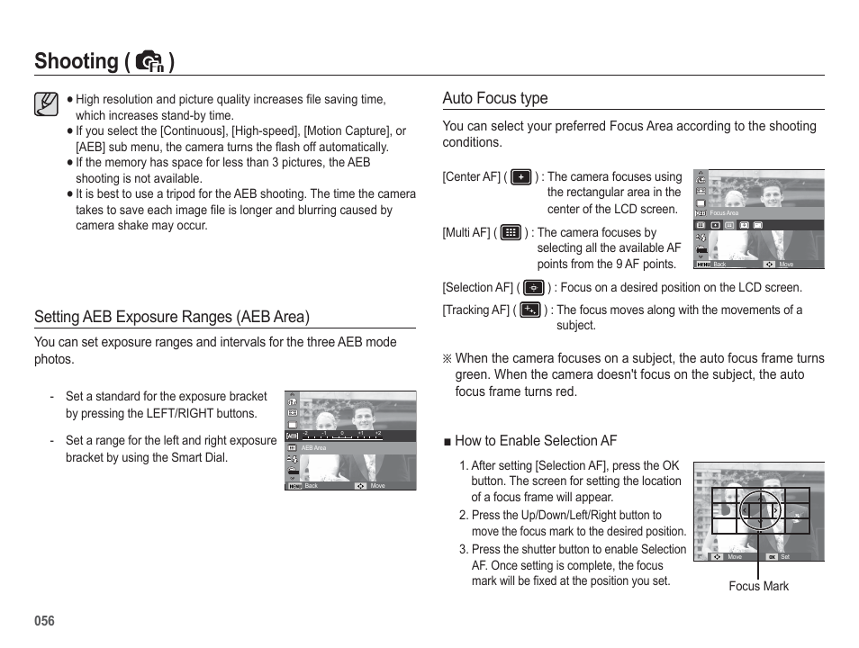 Shooting ( ), Setting aeb exposure ranges (aeb area), Auto focus type | Samsung EC-HZ50WZBPBUS User Manual | Page 57 / 120