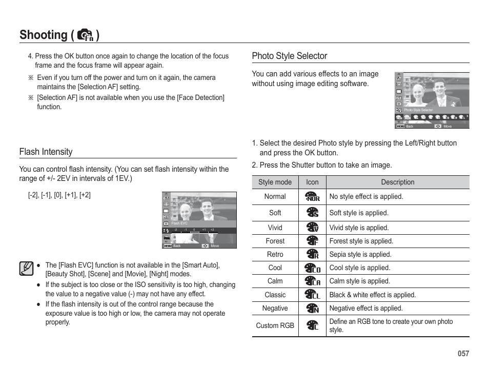 Shooting ( ), Flash intensity, Photo style selector | Samsung EC-HZ50WZBPBUS User Manual | Page 58 / 120