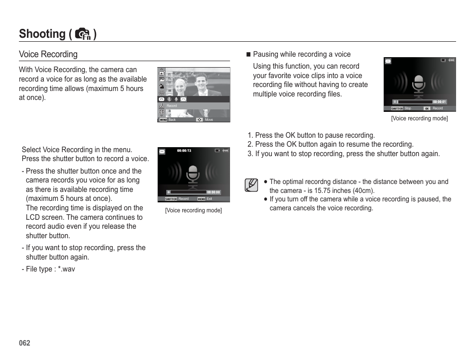 Shooting ( ), Voice recording | Samsung EC-HZ50WZBPBUS User Manual | Page 63 / 120