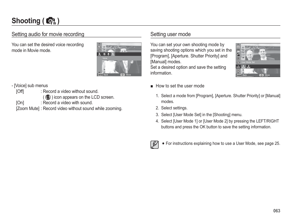 Shooting ( ), Setting audio for movie recording, Setting user mode | Samsung EC-HZ50WZBPBUS User Manual | Page 64 / 120