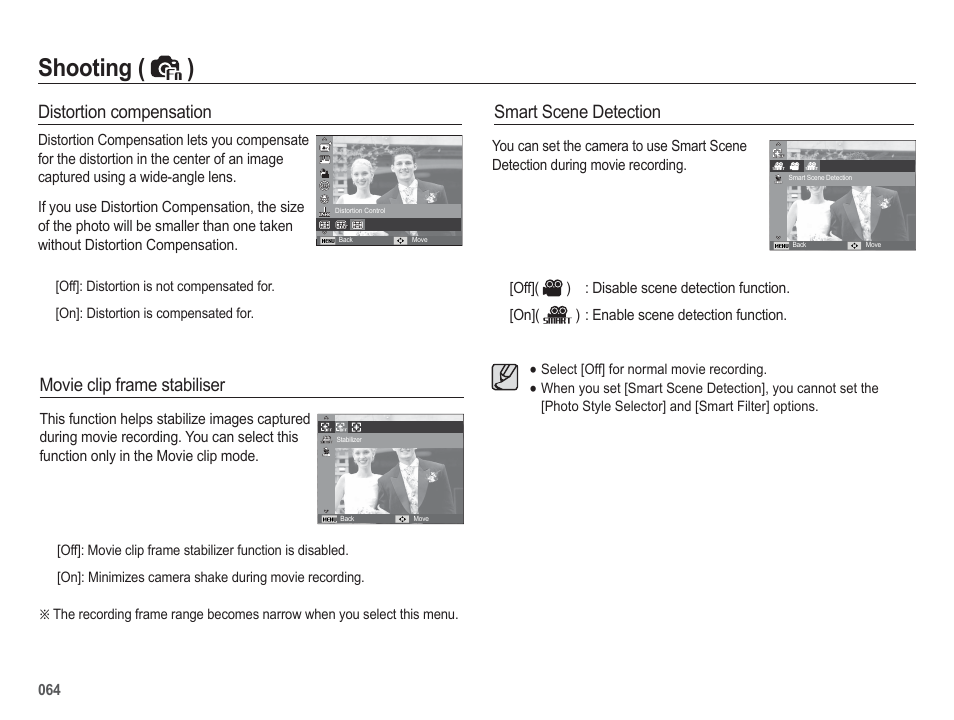 Shooting ( ), Movie clip frame stabiliser, Smart scene detection | Distortion compensation | Samsung EC-HZ50WZBPBUS User Manual | Page 65 / 120