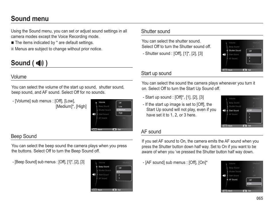 Sound menu, Sound (  ), Volume | Start up sound, Shutter sound, Beep sound, Af sound | Samsung EC-HZ50WZBPBUS User Manual | Page 66 / 120