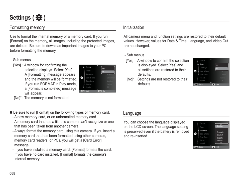 Settings ( ), Initialization, Language | Samsung EC-HZ50WZBPBUS User Manual | Page 69 / 120