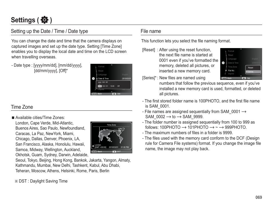 Settings ( ), File name, Setting up the date / time / date type | Time zone | Samsung EC-HZ50WZBPBUS User Manual | Page 70 / 120