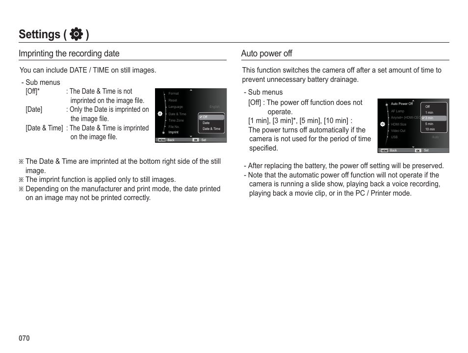 Settings ( ), Imprinting the recording date, Auto power off | Samsung EC-HZ50WZBPBUS User Manual | Page 71 / 120