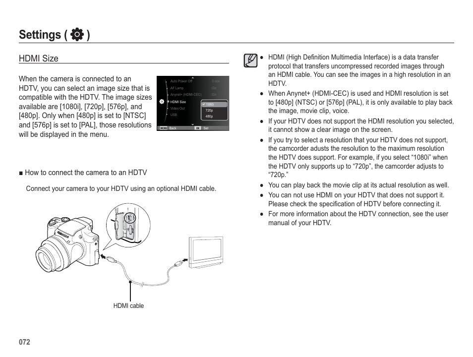 Settings ( ), Hdmi size | Samsung EC-HZ50WZBPBUS User Manual | Page 73 / 120